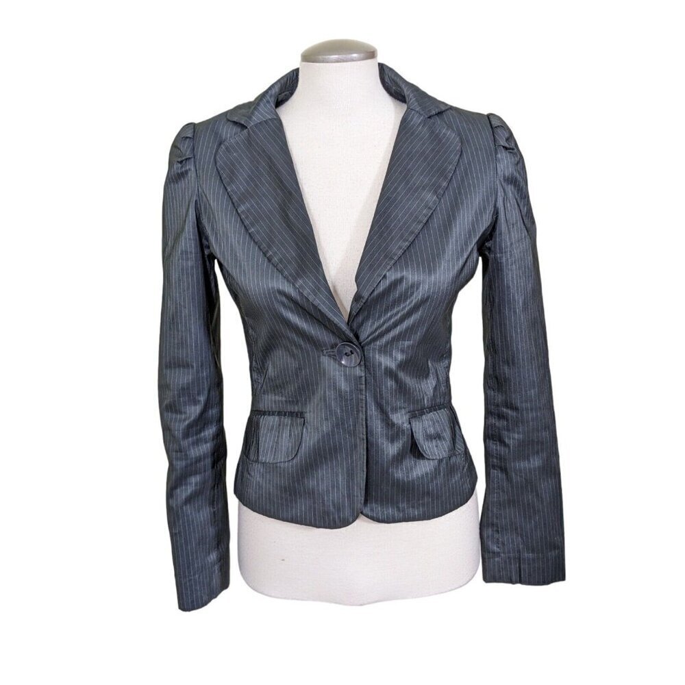 H&M One Button Blazer Womens 6 Gray Shiny Jacket Pinstripe Puff Sleeve Pockets